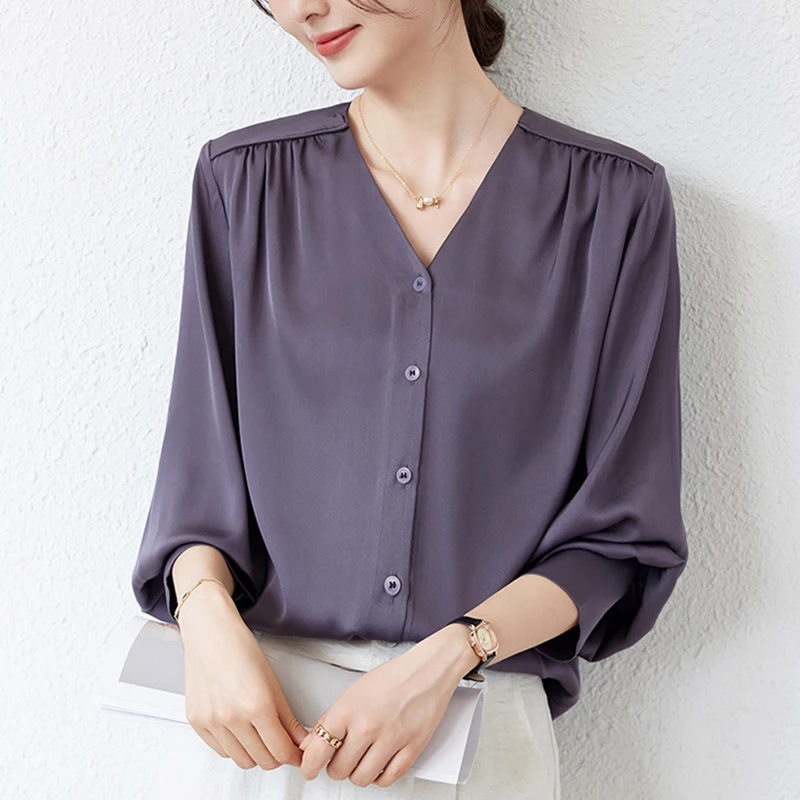Elegant Fashion Shirts And Blouses For Women Spring Autumn V-neck Long Sleeve Women's Solid Blouse Office Lady Real Silk Shirt
Elegant Fashion Shirts And Blouses For Women Spring Autumn V-neck Long Sleeve Women's Solid Blouse Office Lady Real Silk Shirt