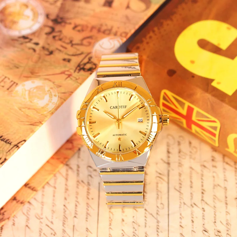 Мужские роскошные механические часы в деловом стиле из нержавеющей стали золотого тона с дисплеем в виде пентаграммы в горошек, полностью автоматические.
Мужские роскошные механические часы в деловом стиле из нержавеющей стали золотого тона с дисплеем в виде пентаграммы в горошек, полностью автоматические.