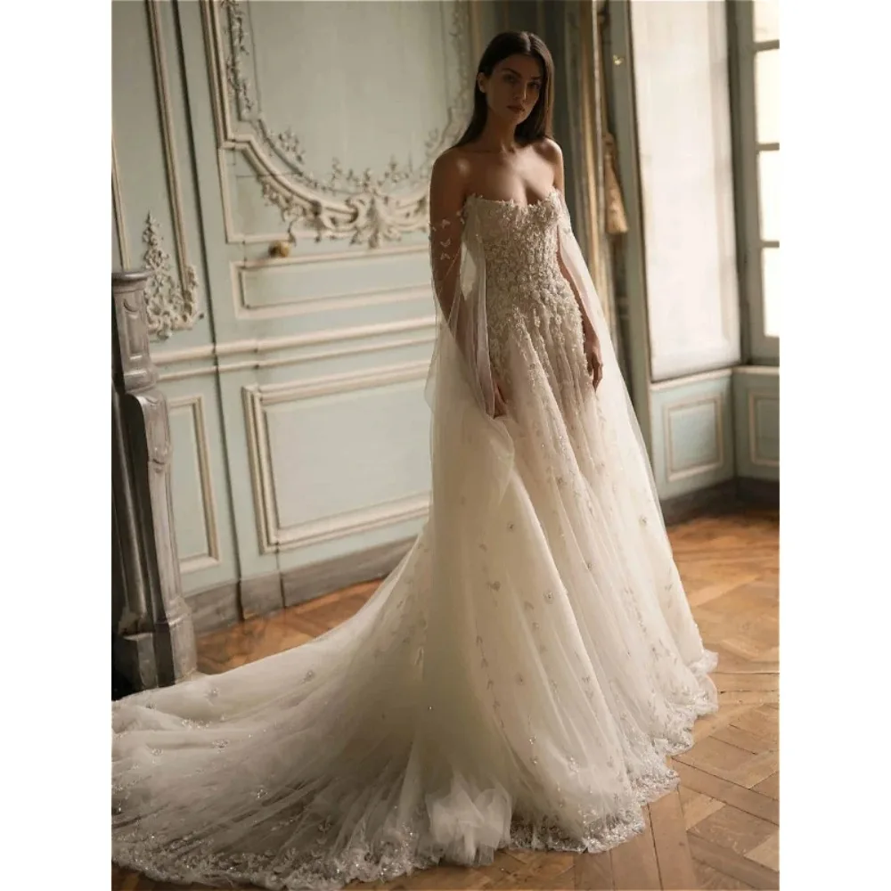 Customized Gracefu Temperament Embroidery Beaded Lace Wedding Dress Charming Fashion A-line Off Shoulder Tulle Long Bridal Gown
Customized Gracefu Temperament Embroidery Beaded Lace Wedding Dress Charming Fashion A-line Off Shoulder Tulle Long Bridal Gown