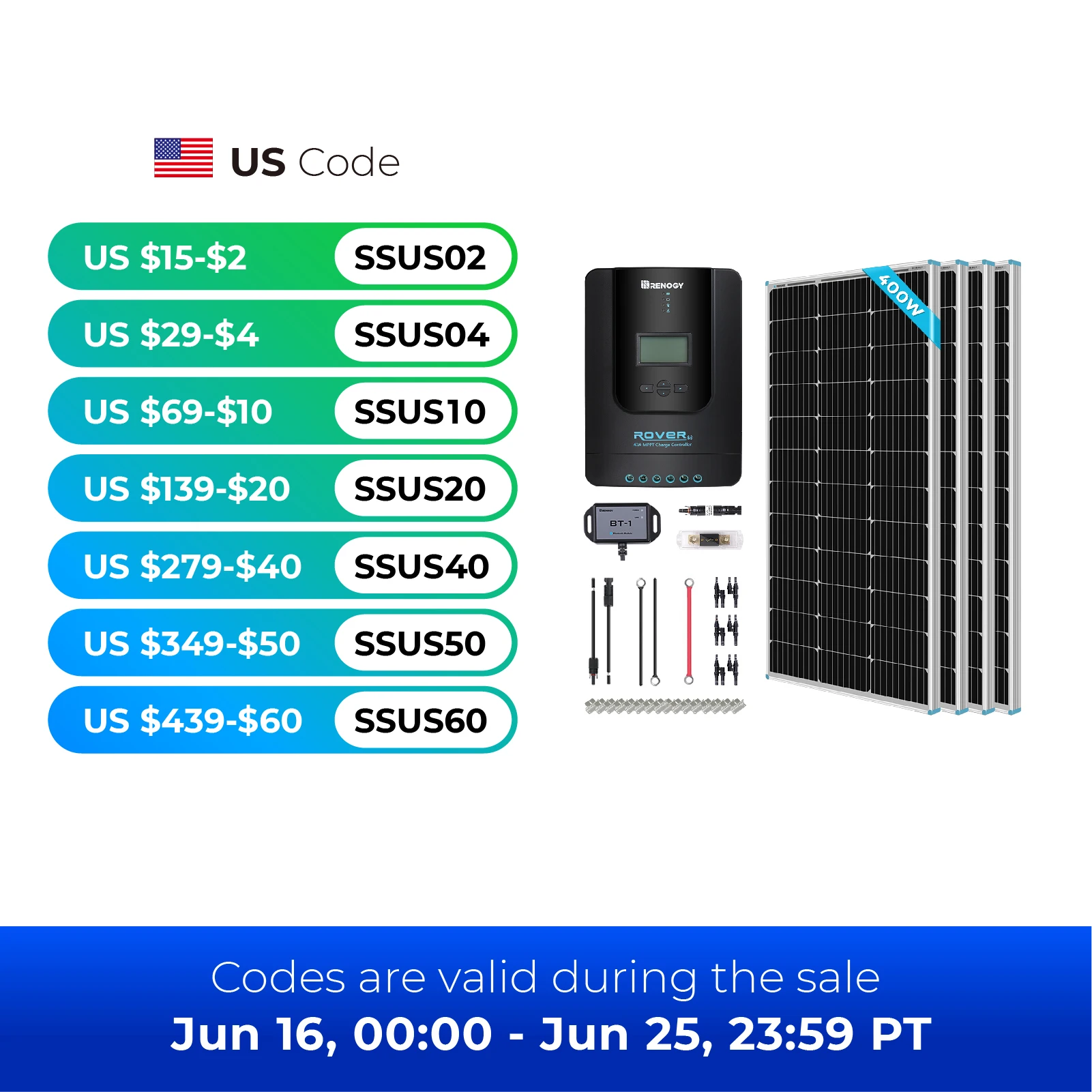 Renogy 400 Watt 12 Volt Premium 4 Pcs 100W Panel+40A MPPT Charge Controller+ Bluetooth Module Fuse+ Mounting Z Brackets+Adaptor
Renogy 400 Watt 12 Volt Premium 4 Pcs 100W Panel+40A MPPT Charge Controller+ Bluetooth Module Fuse+ Mounting Z Brackets+Adaptor