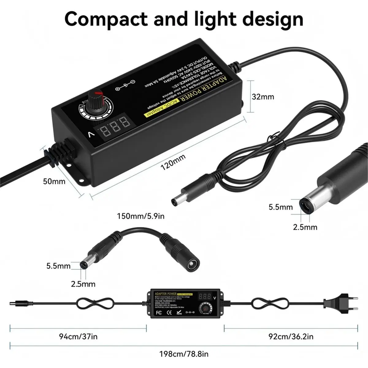 【BRILLIANT 】24V 3A 72W Universal Power Supply, AC to DC 3V-24V Adapter Adjustable Power Adapter with LED Voltage Display Eu Plug
【BRILLIANT 】24V 3A 72W Universal Power Supply, AC to DC 3V-24V Adapter Adjustable Power Adapter with LED Voltage Display Eu Plug
