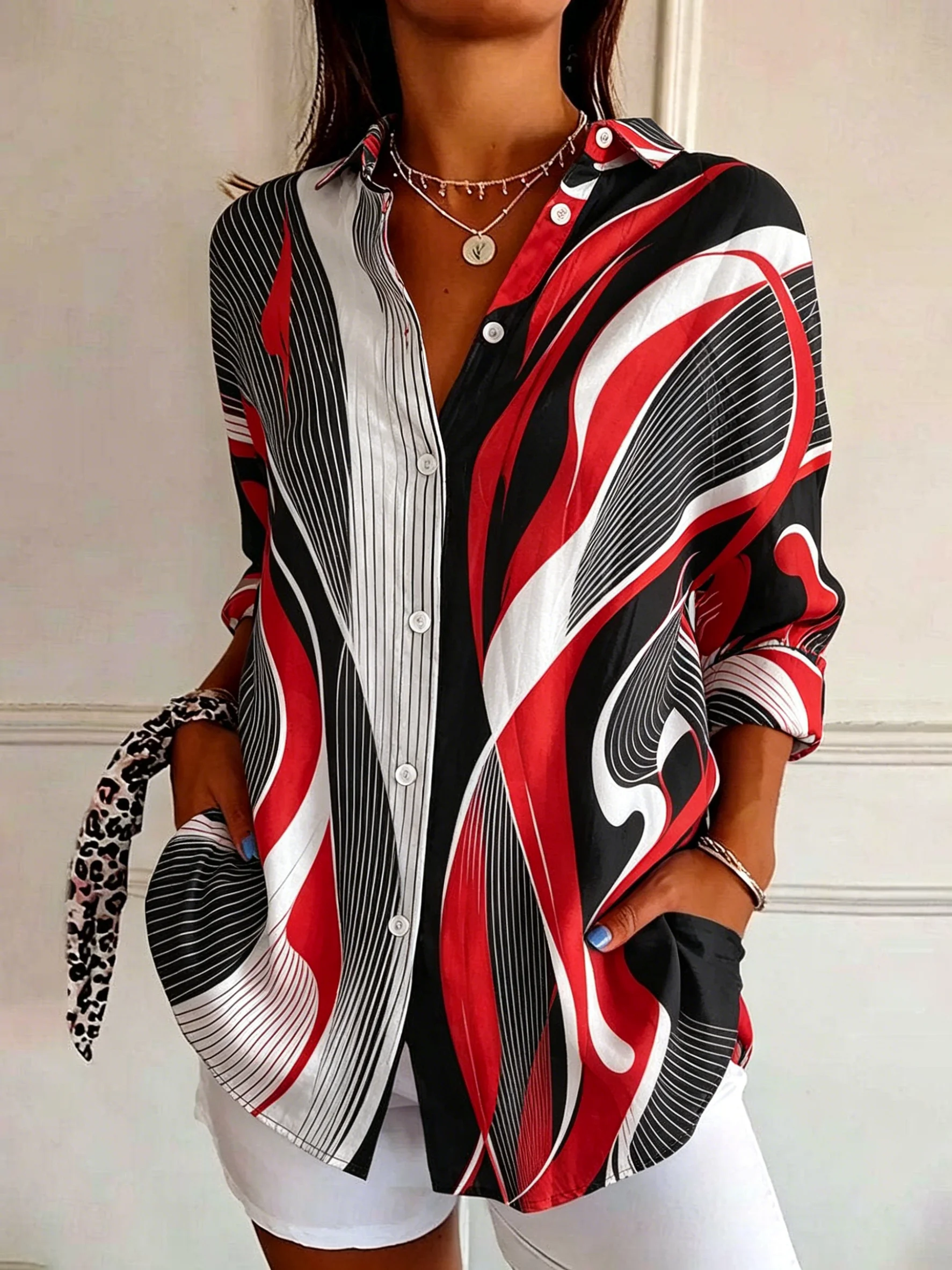 Women's Long Sleeve Abstract Swirl Print Button Down Casual Shirt Elegant Daily Blouse Tops in Red Black for Spring Summer
Women's Long Sleeve Abstract Swirl Print Button Down Casual Shirt Elegant Daily Blouse Tops in Red Black for Spring Summer