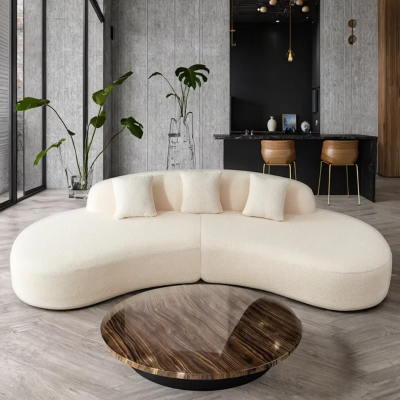 Scandinavian style curved corner sofa set high density foam lamb wool fabric simple light color compression living room
Scandinavian style curved corner sofa set high density foam lamb wool fabric simple light color compression living room