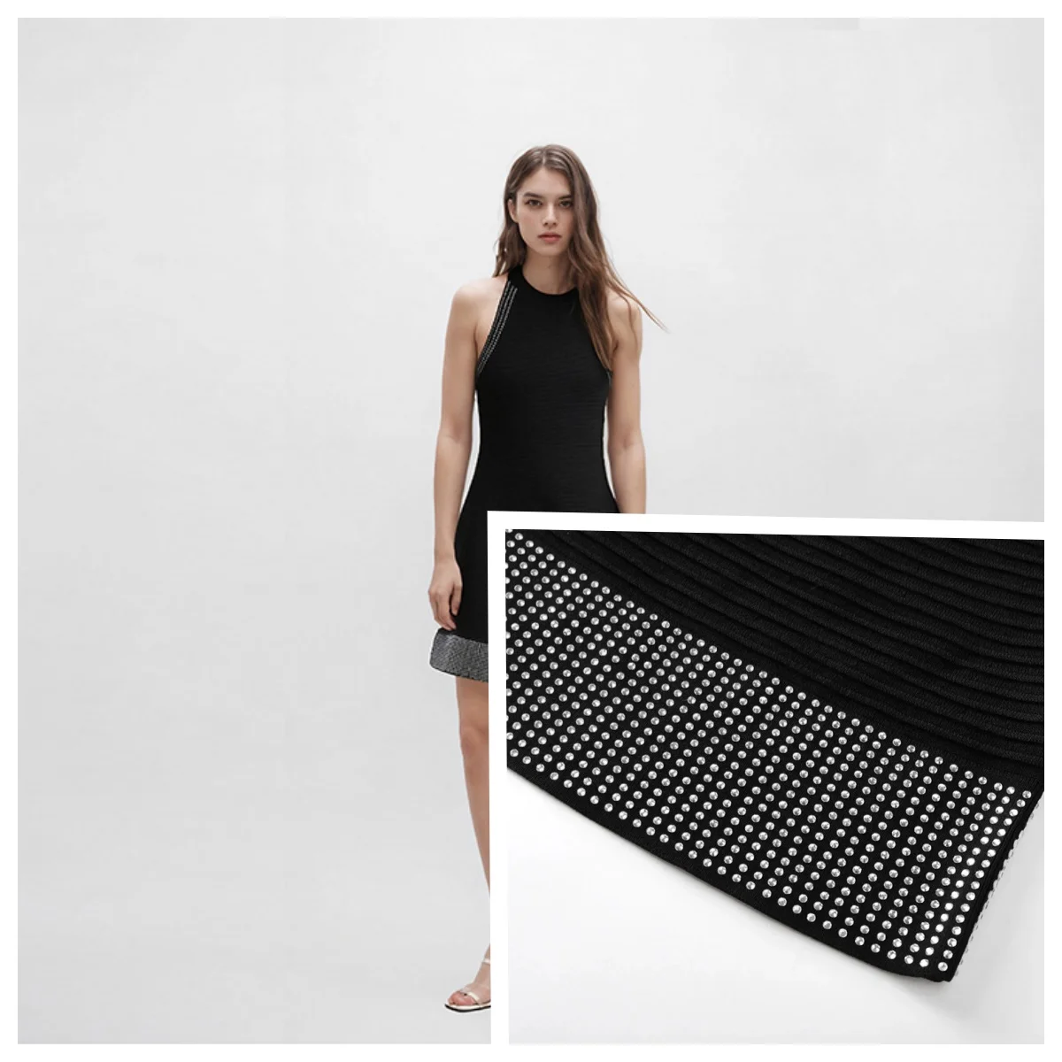 Woman black elegant knitted dress round neck rivet decoration evening birthday party mini dress
Woman black elegant knitted dress round neck rivet decoration evening birthday party mini dress