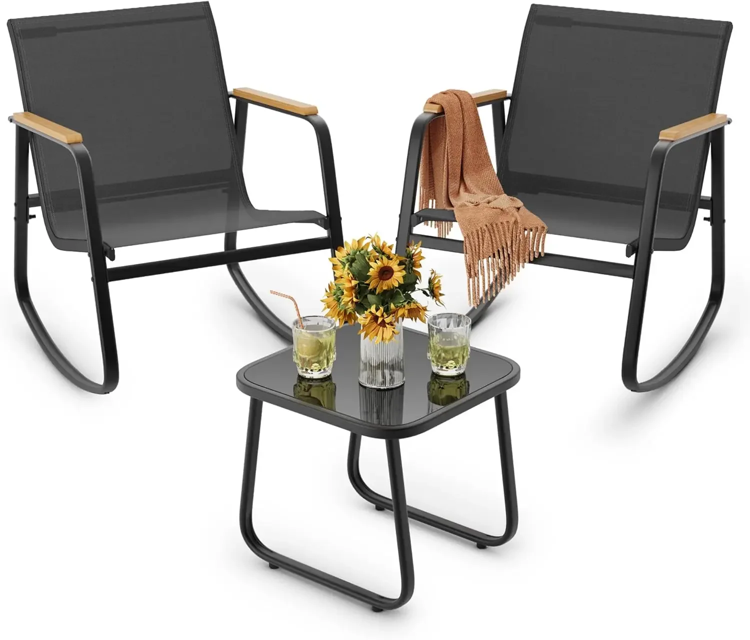 3 Piece Outdoor Rocking Bistro Set Textilene Seating Wooden Armrests Coffee Table Lawn Porch Balcony Poolside Black
3 Piece Outdoor Rocking Bistro Set Textilene Seating Wooden Armrests Coffee Table Lawn Porch Balcony Poolside Black