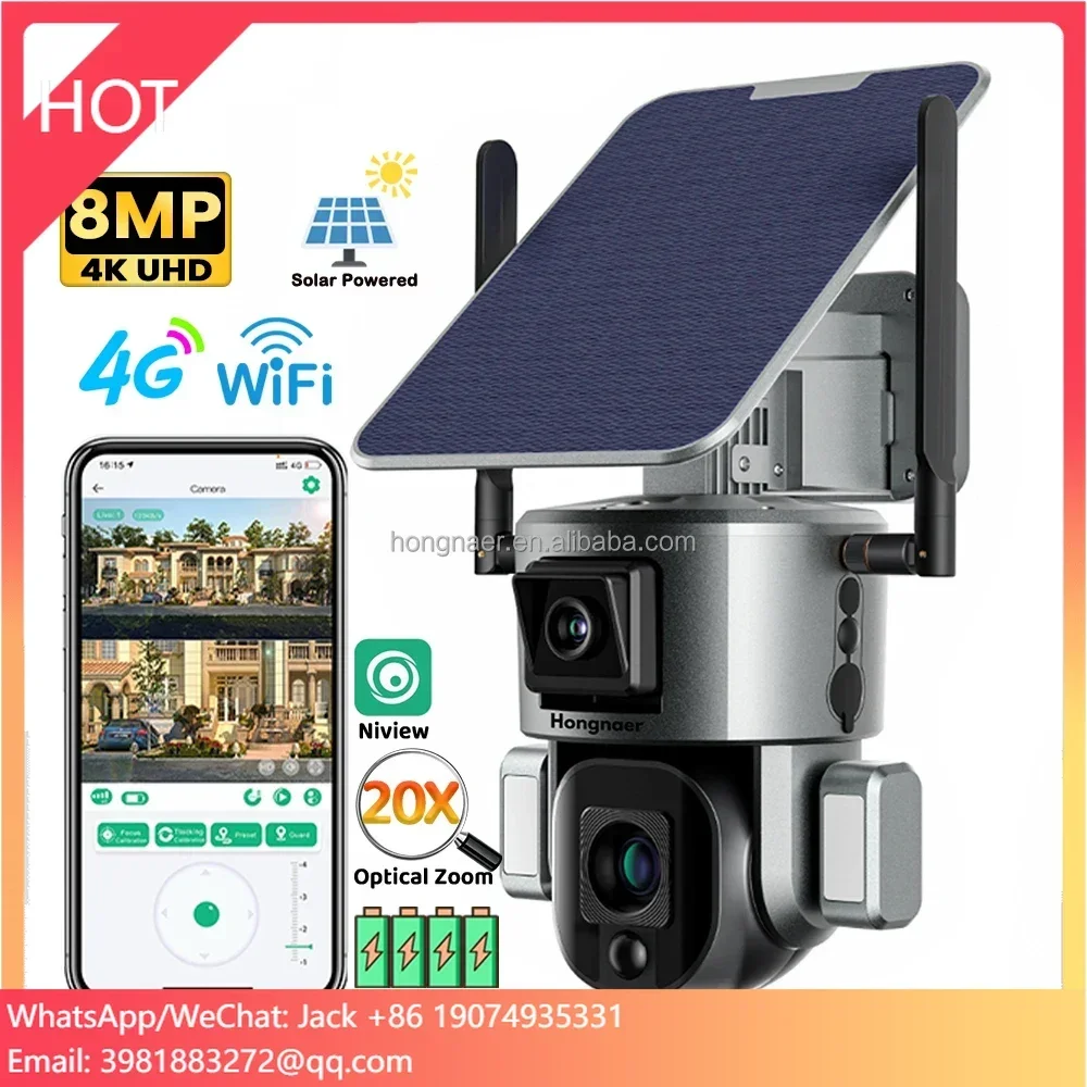 Hongnaer 8MP Wireless Solar Power 4G PTZ Security Camera Niview 20X Zoom Dual Lens 4K Outdoor WiFi 4G Sim Card CCTV Solar Camera
Hongnaer 8MP Wireless Solar Power 4G PTZ Security Camera Niview 20X Zoom Dual Lens 4K Outdoor WiFi 4G Sim Card CCTV Solar Camera