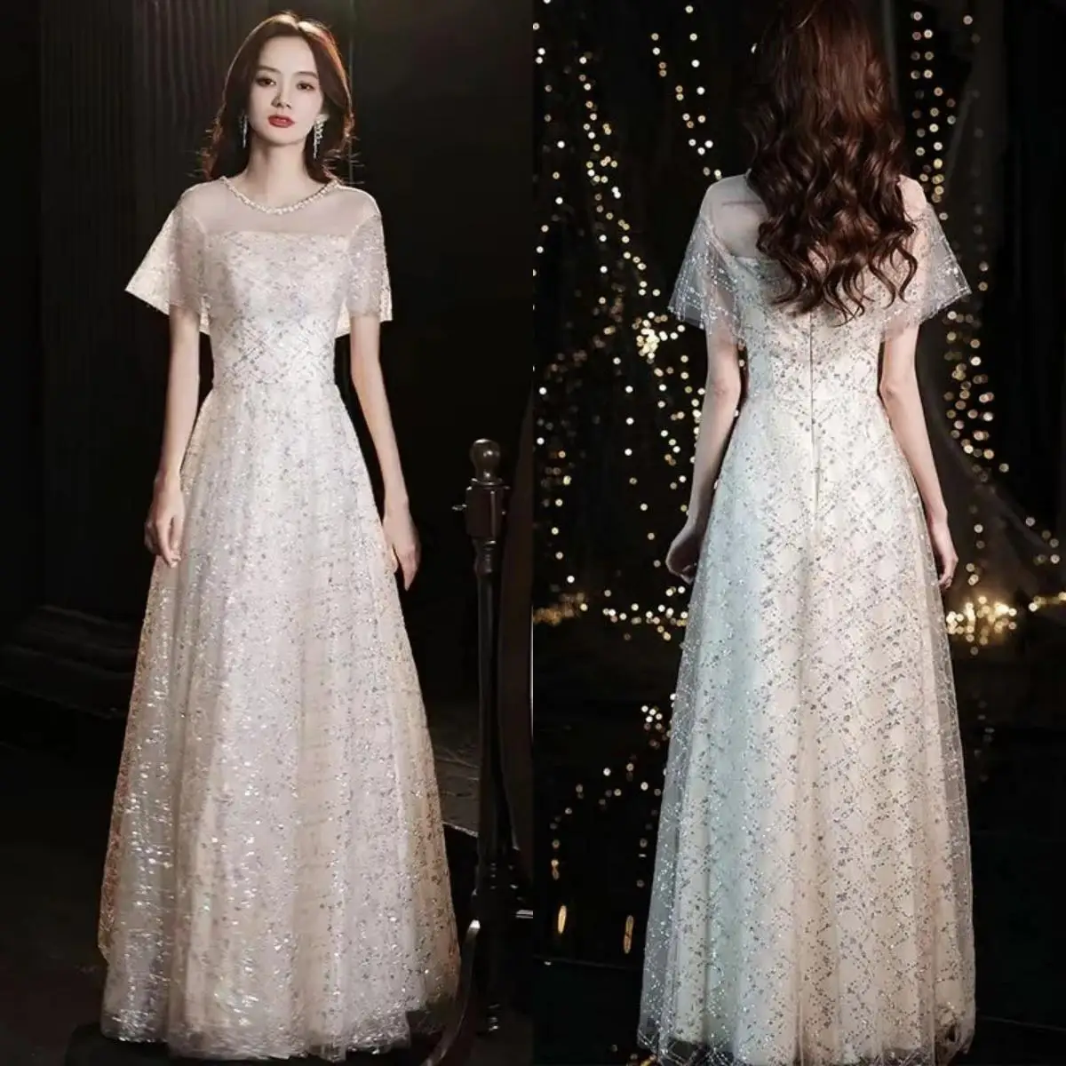 Champagne Evening Dresses Bling Crystal illusion O-neck Short Sleeves Zipper Back A-line Floor Length Plus size Women Party Gown
Champagne Evening Dresses Bling Crystal illusion O-neck Short Sleeves Zipper Back A-line Floor Length Plus size Women Party Gown