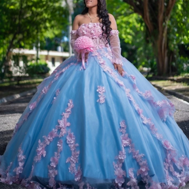 Blue Shiny Quinceanera Dresses Ball Gown Off The Shoulder Applique Flower Beads Tull Corset Sweet 16 Dress Vestidos 15 Anos
Blue Shiny Quinceanera Dresses Ball Gown Off The Shoulder Applique Flower Beads Tull Corset Sweet 16 Dress Vestidos 15 Anos