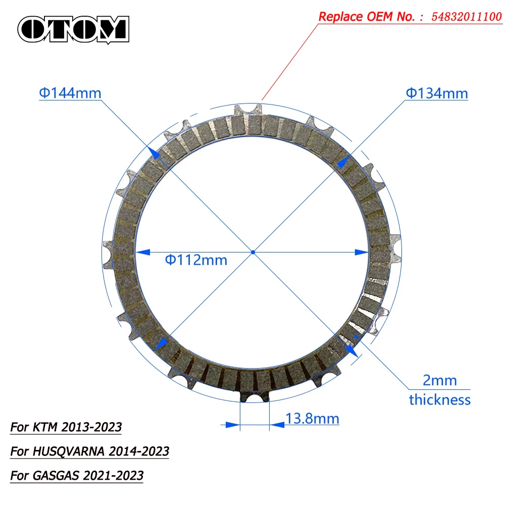 Фрикционные диски сцепления OTOM для KTM HUSQVARNA GASGAS EXC SX XC XCW TC TE TX EC 2013-2023, замена OEM 54832011100 Enduro
Фрикционные диски сцепления OTOM для KTM HUSQVARNA GASGAS EXC SX XC XCW TC TE TX EC 2013-2023, замена OEM 54832011100 Enduro
