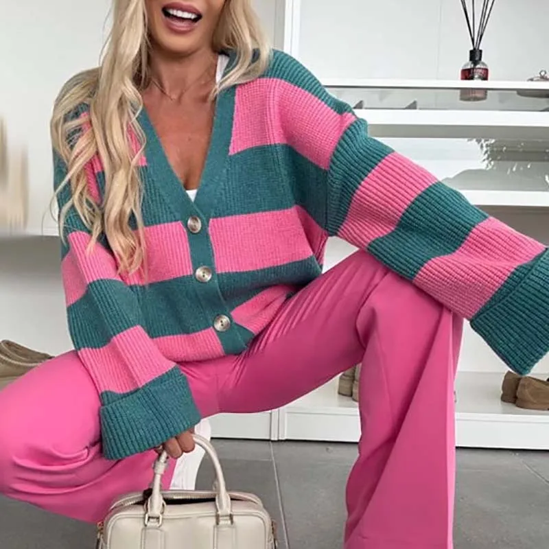 Women Elegant V-neck Single Breasted Long Sleeved Coat Casual Color Blocked Outwear 2025 Autumn Striped Printed Knitted Cardigan
Women Elegant V-neck Single Breasted Long Sleeved Coat Casual Color Blocked Outwear 2025 Autumn Striped Printed Knitted Cardigan