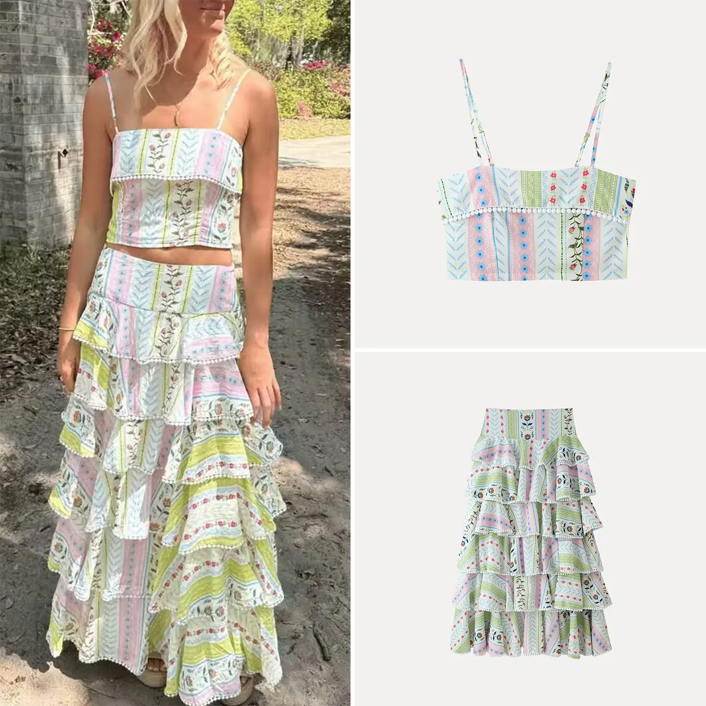 Fashionable Multi-Layered Cake Skirt Top Set Women's Summer Outfit Ball Decoration Versatile Floral Print Two-Piece Ensemble
Fashionable Multi-Layered Cake Skirt Top Set Women's Summer Outfit Ball Decoration Versatile Floral Print Two-Piece Ensemble