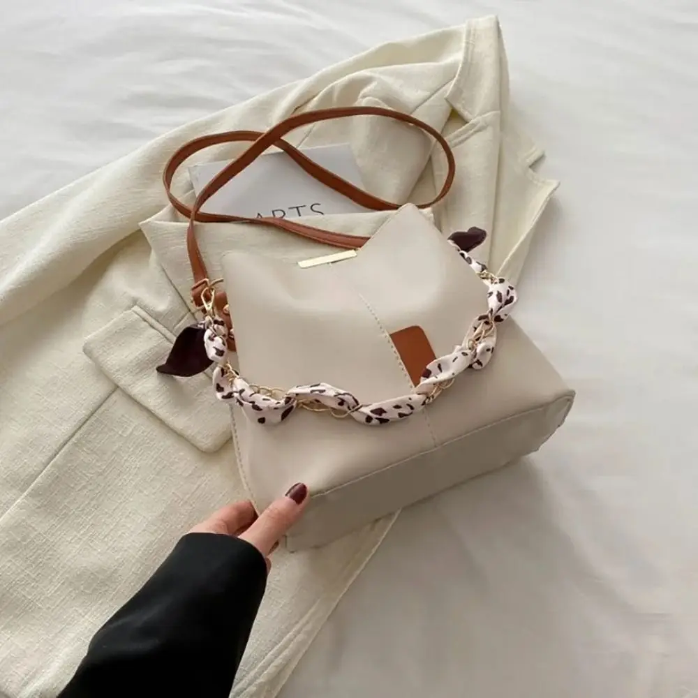 1Pcs PU Leather Bucket Bag Gold Chain Silk Scarf Decor Versatile Crossbody Bag Work Fashion Casual Style Large Capacity 10 S707e9fe18bc14d53b5ac909dc45abcab8
