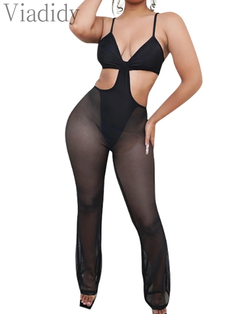 Sexy Solid Color Deep V Neck Spaghetti Strap Cut Out See Through Sheer Mesh Jumpsuits
Sexy Solid Color Deep V Neck Spaghetti Strap Cut Out See Through Sheer Mesh Jumpsuits