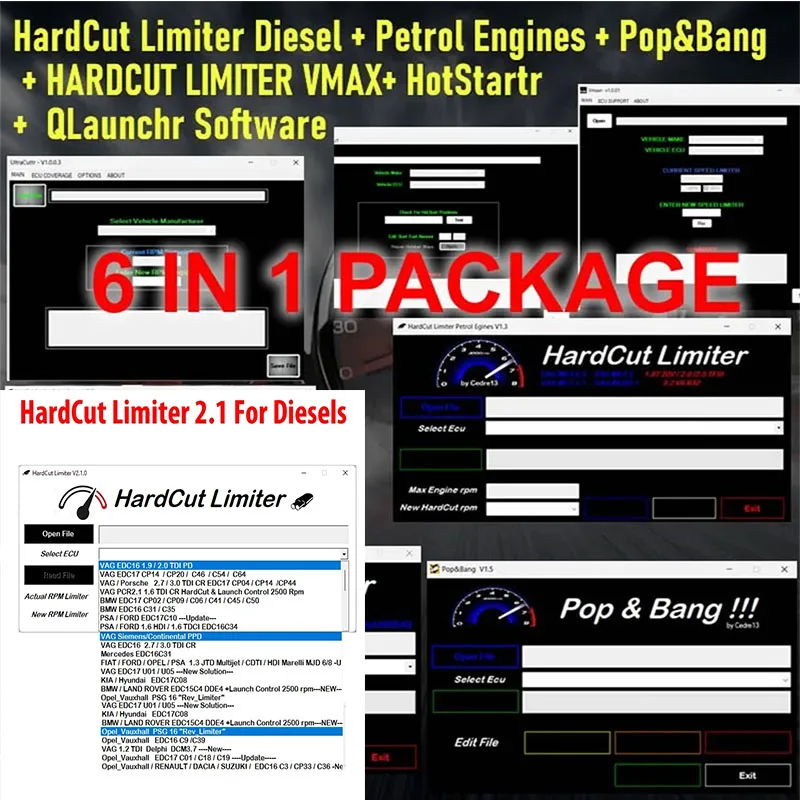 ECU Software 6 IN 1 PACKAGE HardCut Limiter Diesel + Petrol Engine UltraCuttr + Pop&Bang + HARDCUT VMAX + HotStartr + QLaunchr
ECU Software 6 IN 1 PACKAGE HardCut Limiter Diesel + Petrol Engine UltraCuttr + Pop&Bang + HARDCUT VMAX + HotStartr + QLaunchr