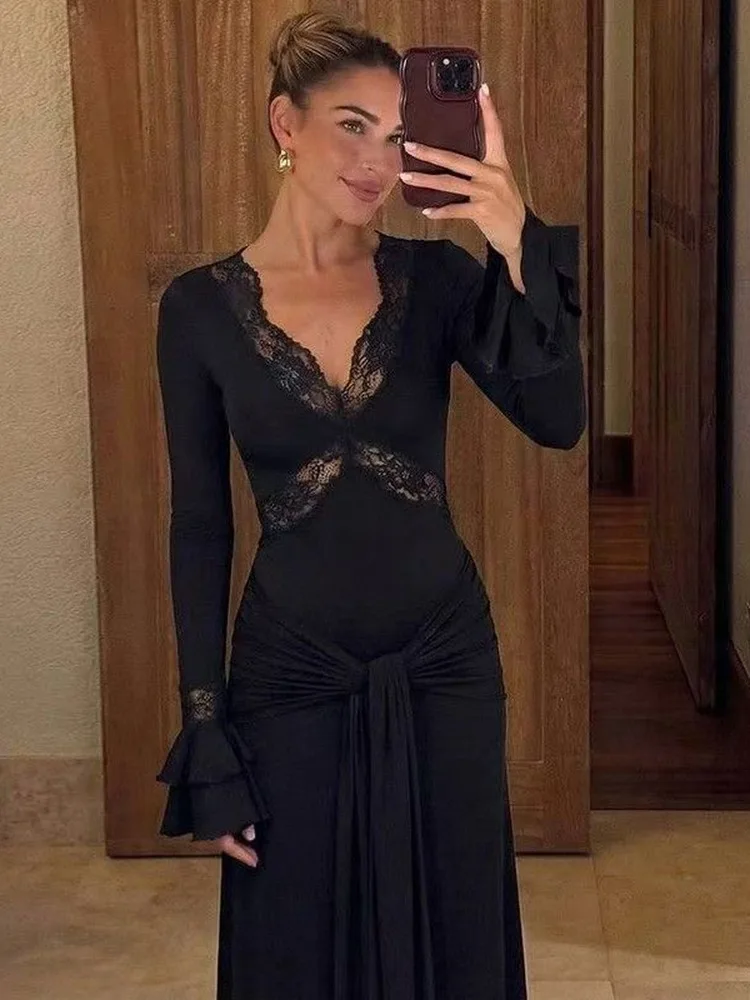 Elegant Long Lace Trim V-Neck Belted Slim Fit Dress with Pleated Sleeves for Women Korean Style Spring Autumn Winter Dress
Elegant Long Lace Trim V-Neck Belted Slim Fit Dress with Pleated Sleeves for Women Korean Style Spring Autumn Winter Dress