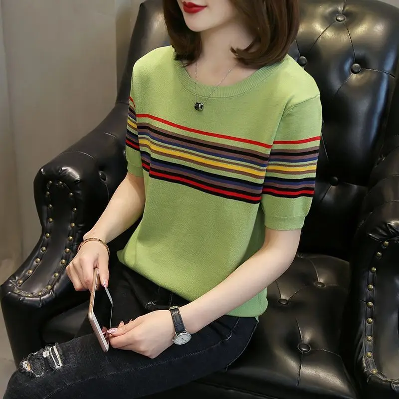 Fashion O-Neck Spliced Knitted Color Striped T-Shirt Women's Clothing 2024 Summer New Loose All-match Tops Casual Tee Shirt
Fashion O-Neck Spliced Knitted Color Striped T-Shirt Women's Clothing 2024 Summer New Loose All-match Tops Casual Tee Shirt