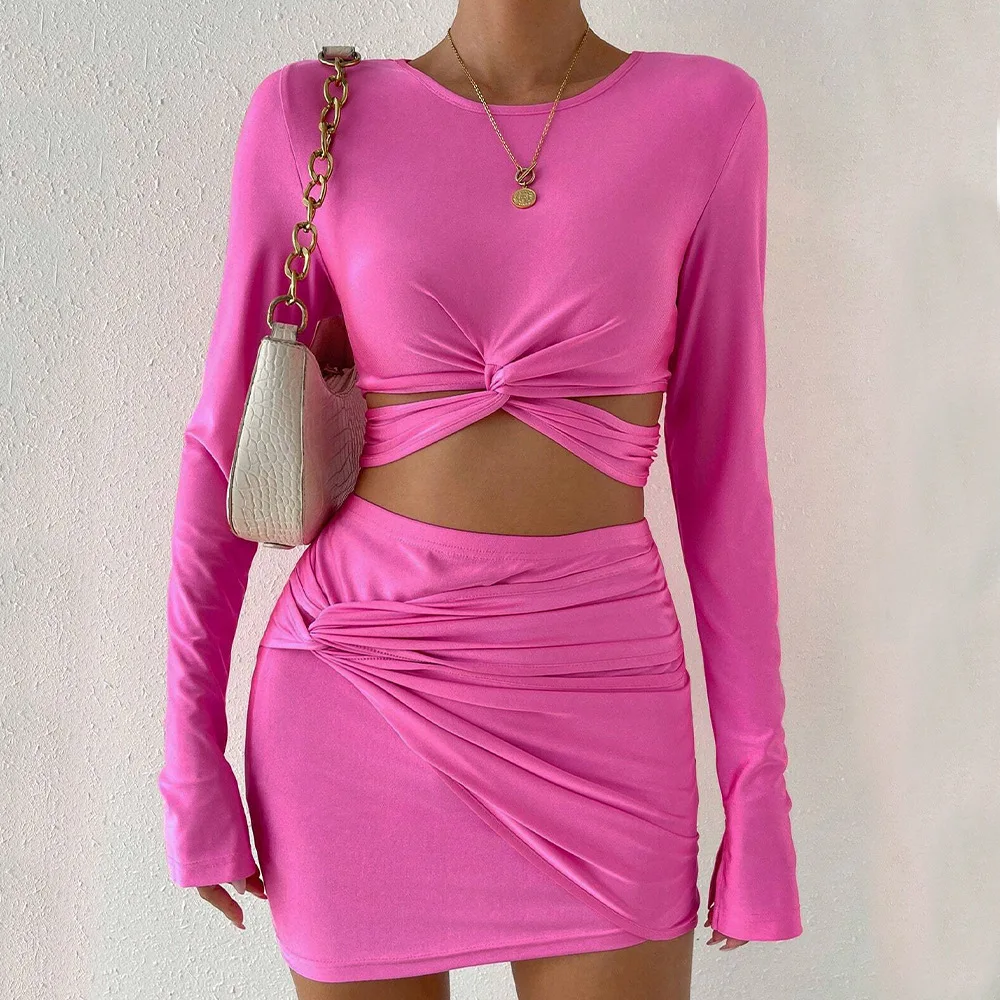 Women's Two-piece Solid Color Round Neck Long Sleeved Irregular Hollow T-shirt Top Casual Short Skirt Set 2025
Women's Two-piece Solid Color Round Neck Long Sleeved Irregular Hollow T-shirt Top Casual Short Skirt Set 2025