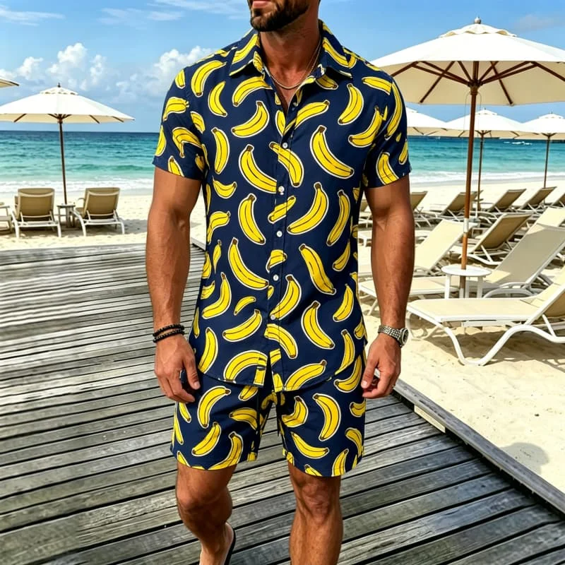 Men's fun tropical print two-piece set, short sleeved shirt and shorts, for outdoor activities and classic Hawaiian aesthetics
Men's fun tropical print two-piece set, short sleeved shirt and shorts, for outdoor activities and classic Hawaiian aesthetics