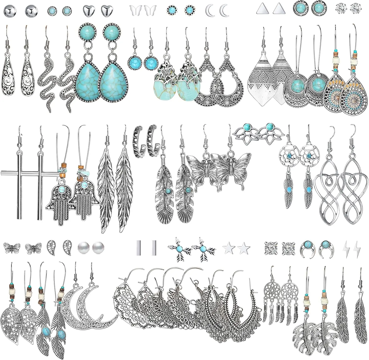 45 Pairs Silver and Bronze Drop Dangle Earrings Set for Women Boho Vintage Style
45 Pairs Silver and Bronze Drop Dangle Earrings Set for Women Boho Vintage Style