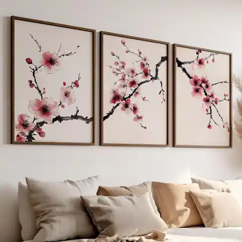 Cherry Blossom Branch Print Watercolor Art Set of 3 Poster or Canvas Print, Japanese Tree Branch Art,Pink Flower Sakura Tree Art