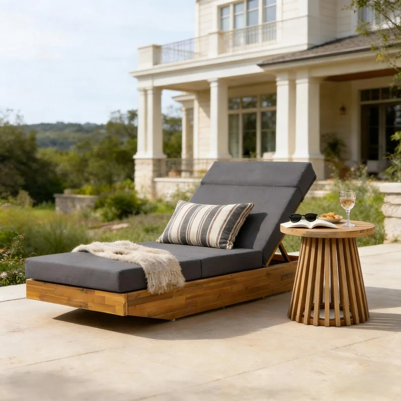 Outdoor Acacia Wood Chaise Lounge with Dark Grey Water-Repellent Cushion and Adjustable Foldable Design for Patio, Poolside, Garden
Outdoor Acacia Wood Chaise Lounge with Dark Grey Water-Repellent Cushion and Adjustable Foldable Design for Patio, Poolside, Garden