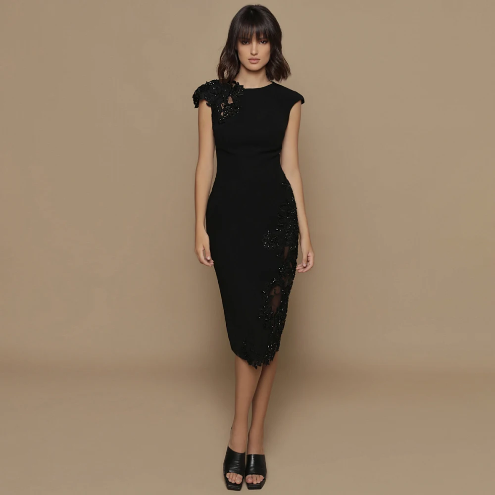 Modern Black Tea Length Short Formal Evening Dress O-Neck Cap Sleeves Party Gown Appliques Straigth Banquet Custom Made
Modern Black Tea Length Short Formal Evening Dress O-Neck Cap Sleeves Party Gown Appliques Straigth Banquet Custom Made