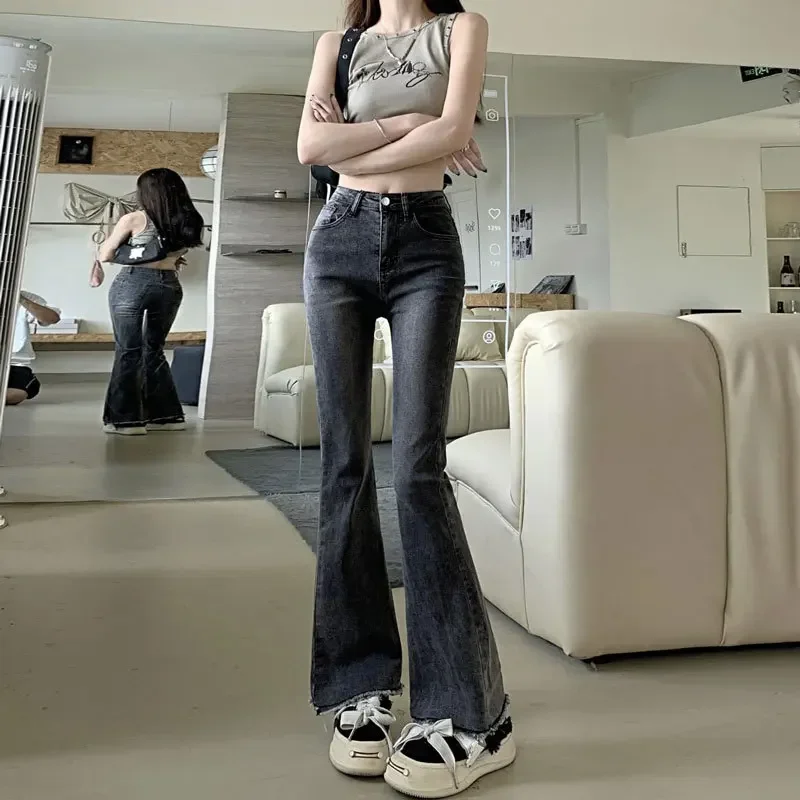 PopPopWomen's Spring Autumn Micro Flared Jeans Elastic Waistband Frayed Hem Slim Fit Fashionable Black Grey High Waist Versatile
PopPopWomen's Spring Autumn Micro Flared Jeans Elastic Waistband Frayed Hem Slim Fit Fashionable Black Grey High Waist Versatile