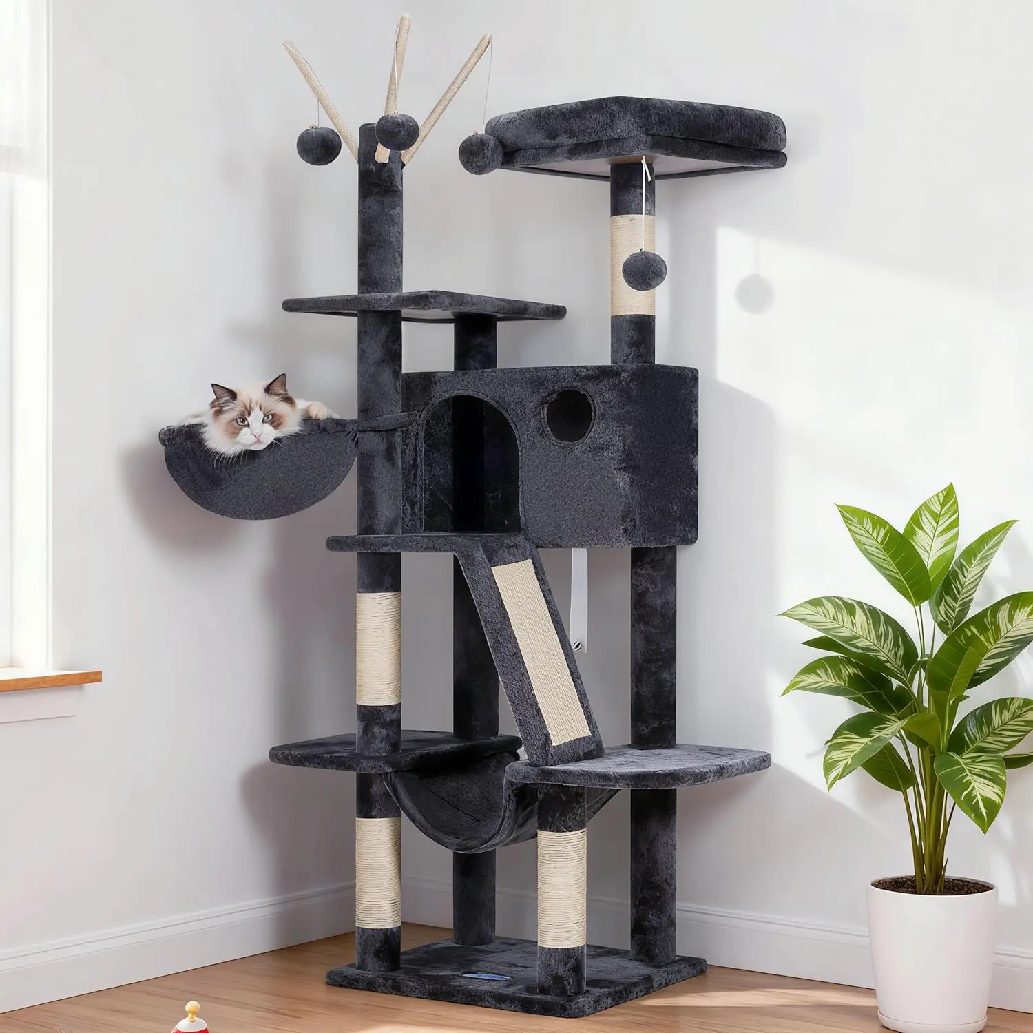 53-Inch Cat Tower with Padded Bed, Hammocks, Scratching Posts & Toys for Indoor Cats in Smoky Gray
53-Inch Cat Tower with Padded Bed, Hammocks, Scratching Posts & Toys for Indoor Cats in Smoky Gray