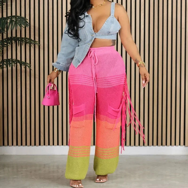 Vintage Striped Knitted Pants Women Bottoms Streetwear Drawstring High Waisted Pockets Tassel Wide Leg Trousers Pantalon Femme
Vintage Striped Knitted Pants Women Bottoms Streetwear Drawstring High Waisted Pockets Tassel Wide Leg Trousers Pantalon Femme