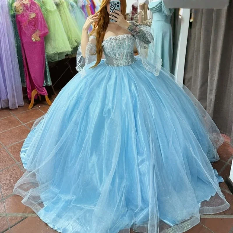 Customized fairy tales sky blue Quinceanera Dresses Off the Shoulder sequin applique Long tail Vestido 15 Quinceanera
Customized fairy tales sky blue Quinceanera Dresses Off the Shoulder sequin applique Long tail Vestido 15 Quinceanera
