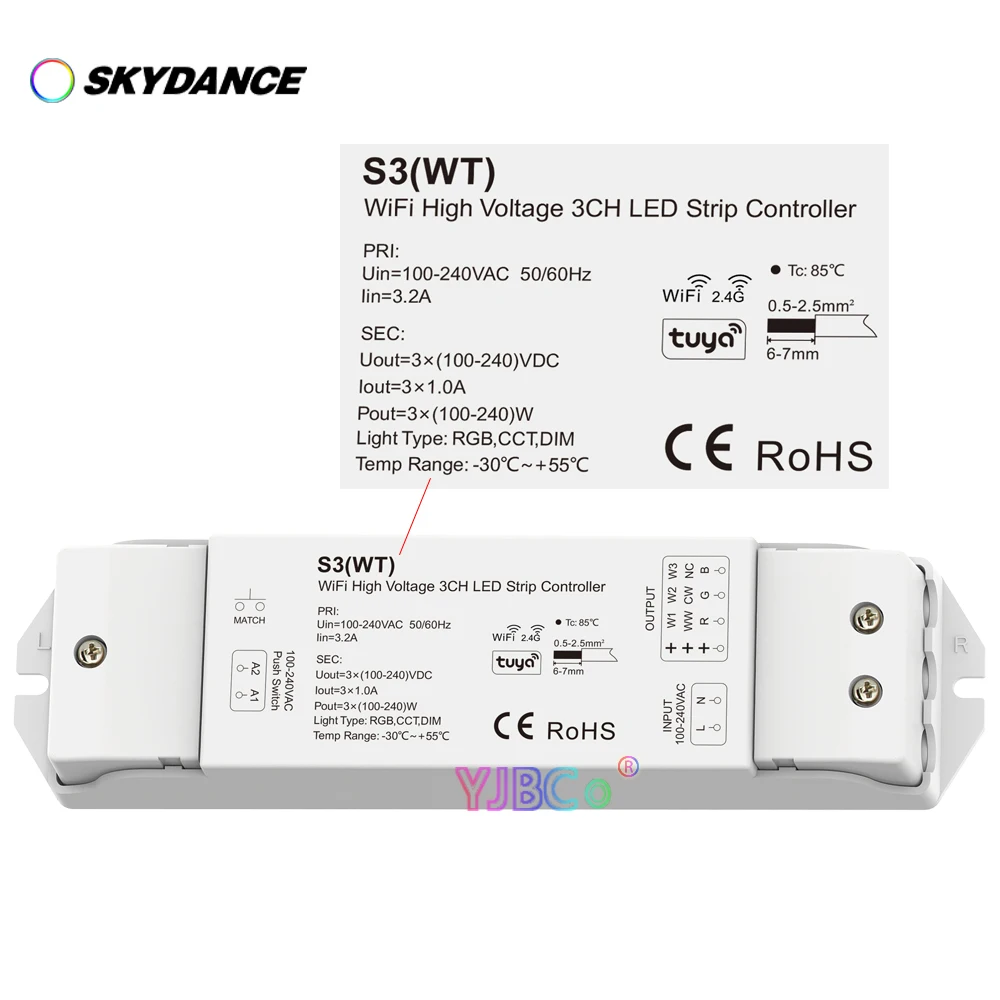 Skydance S3(WT) Tuya WiFi 3 in 1 High Voltage LED Strip Controller dimming 110V-220V 3CH single color/CCT/RGB light tape dimmer
Skydance S3(WT) Tuya WiFi 3 in 1 High Voltage LED Strip Controller dimming 110V-220V 3CH single color/CCT/RGB light tape dimmer