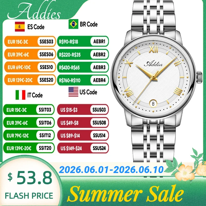 Addies Date Display Sapphire Glass Stainless Steel Band Couple's Watches Waterproof Quartz Watch Simple Style Gift for Couple
Addies Date Display Sapphire Glass Stainless Steel Band Couple's Watches Waterproof Quartz Watch Simple Style Gift for Couple