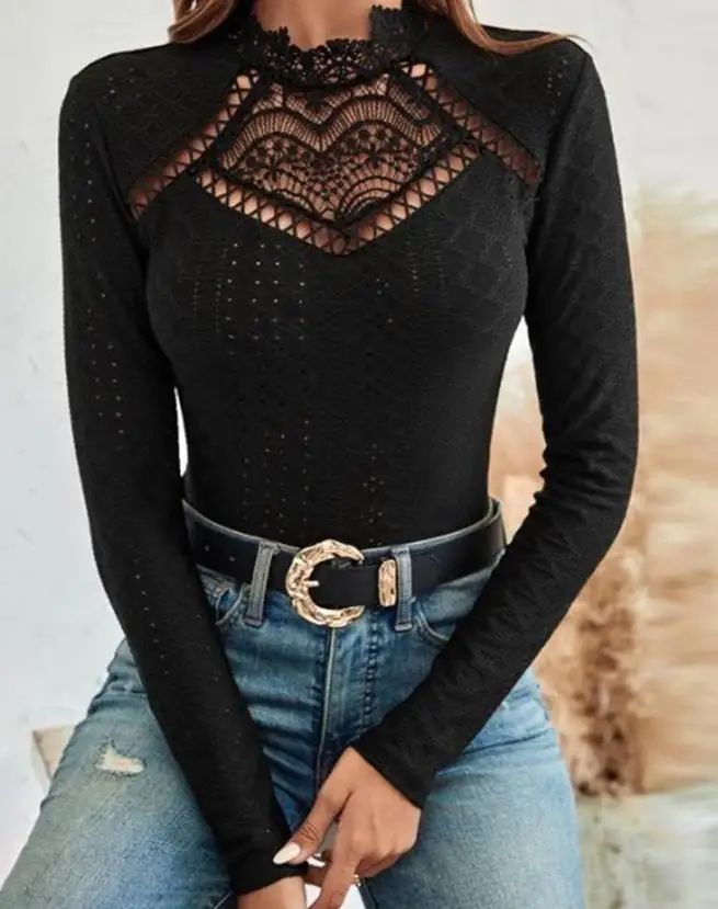 Women's Lace Cutout Long Sleeve Top Mock Neck and Textured Fabric Design Stylish Casual Top
Women's Lace Cutout Long Sleeve Top Mock Neck and Textured Fabric Design Stylish Casual Top