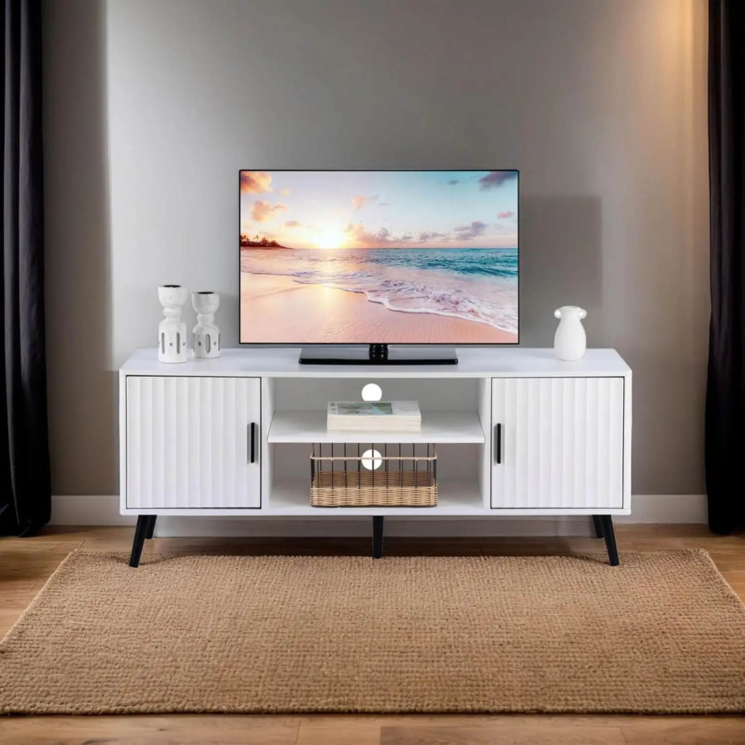 Modern TV Stand 65in 2 Cabinets Adjustable Shelf Wood Feet 4 Cord Holes Living Room White Customized
Modern TV Stand 65in 2 Cabinets Adjustable Shelf Wood Feet 4 Cord Holes Living Room White Customized