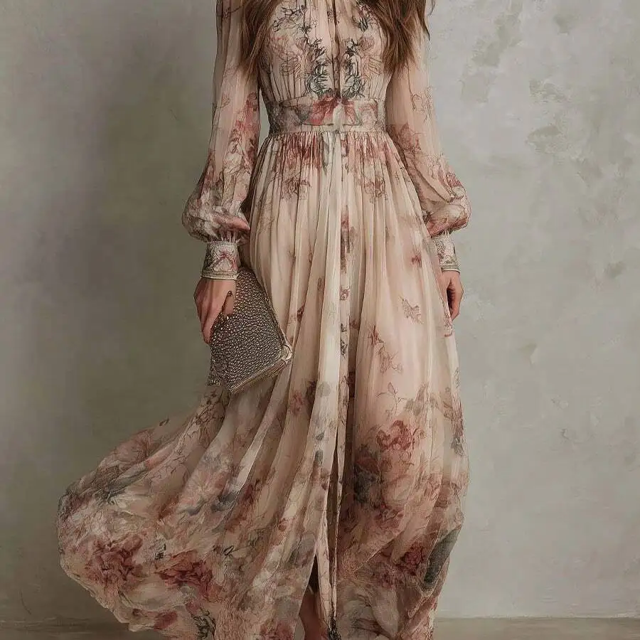 Vintage Floral Chiffon Maxi Gown With Modest Round Neck, Long Flowing Sleeves, And Softly Pleated Waist Detail
Vintage Floral Chiffon Maxi Gown With Modest Round Neck, Long Flowing Sleeves, And Softly Pleated Waist Detail