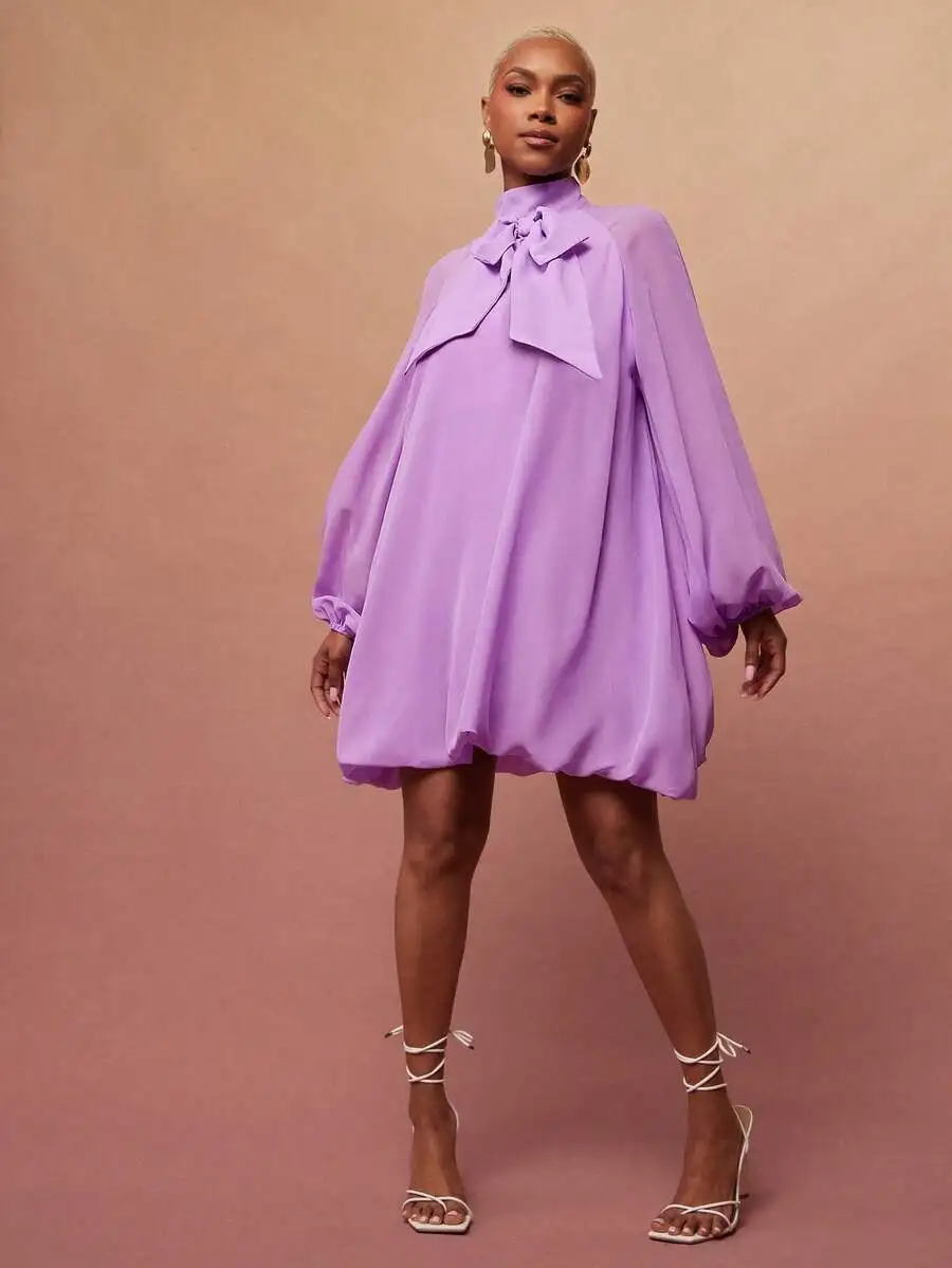 Purple Chiffon Mock Neck Bow Tie Dress With Bubble Sleeves
Purple Chiffon Mock Neck Bow Tie Dress With Bubble Sleeves