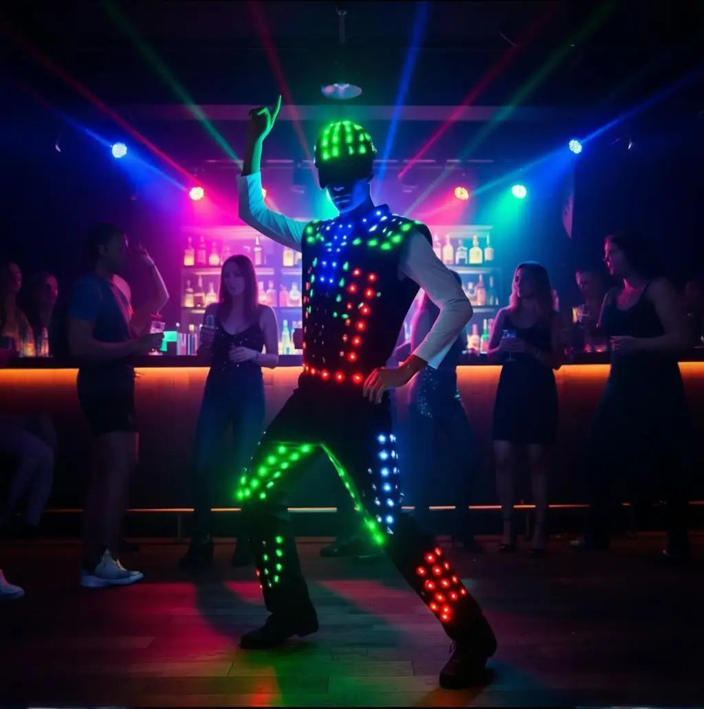 Светодиодный костюм для танцев, спортивный светящийся костюм для выступлений, многоцветный RGB-костюм с подсветкой для сцены
Светодиодный костюм для танцев, спортивный светящийся костюм для выступлений, многоцветный RGB-костюм с подсветкой для сцены