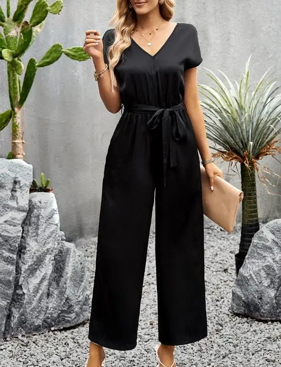 Women's Jumpsuit 2026 Summer Elegant Casual Fashion Solid Color Simple V-Neck Tie Waist Short Sleeved Wide Leg Jumpsuit
Women's Jumpsuit 2026 Summer Elegant Casual Fashion Solid Color Simple V-Neck Tie Waist Short Sleeved Wide Leg Jumpsuit