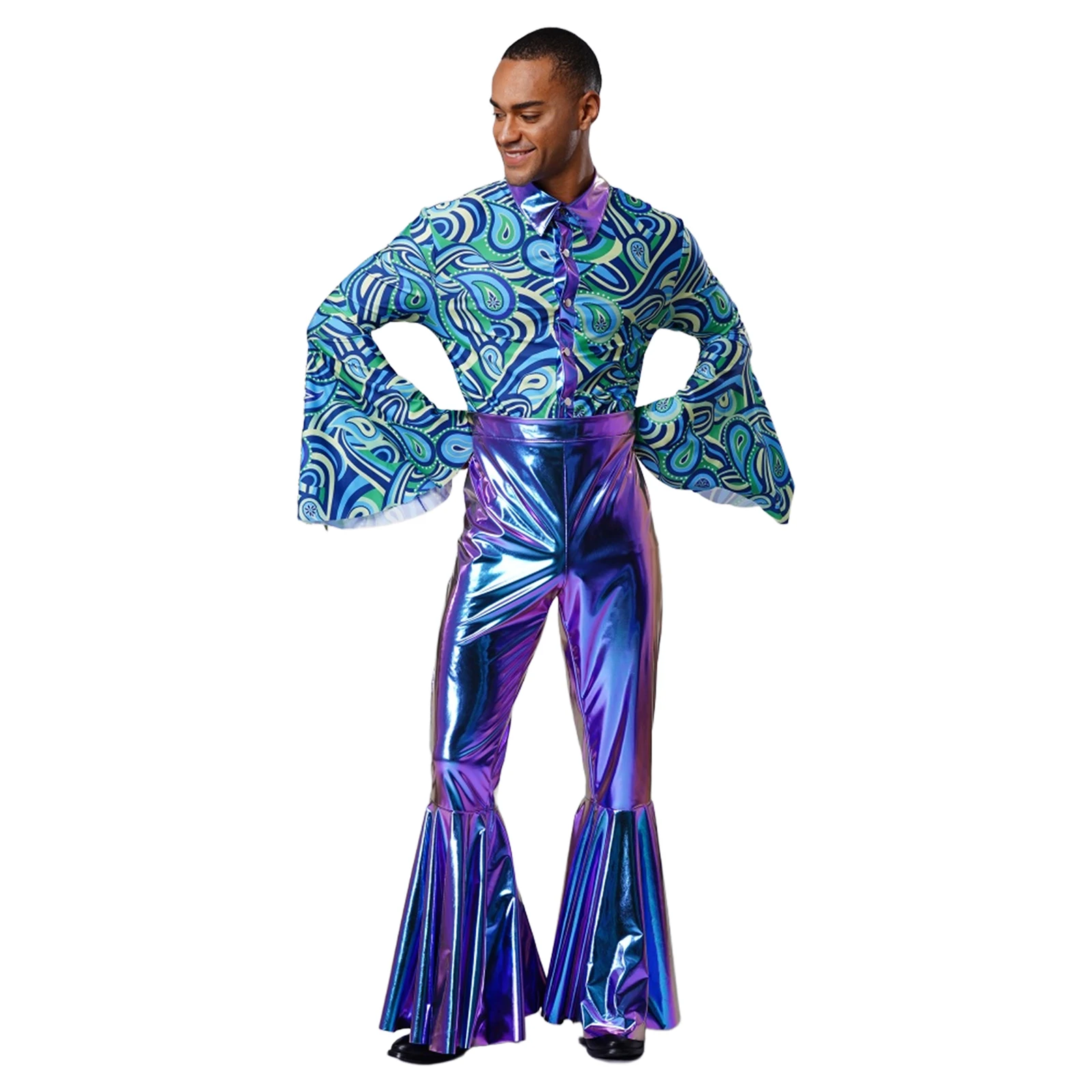 Mens Flashy Disco Jumpsuit Retro Hippie Costume Stylish Printed Patchwork Long Flared Sleeve Bell Bottoms Rompers for Halloween
Mens Flashy Disco Jumpsuit Retro Hippie Costume Stylish Printed Patchwork Long Flared Sleeve Bell Bottoms Rompers for Halloween