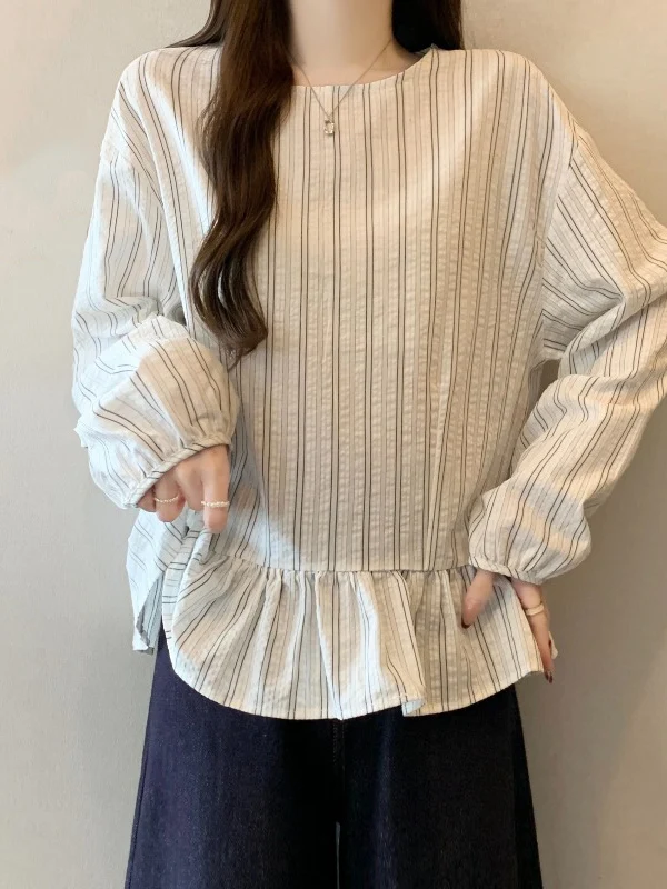 Striped Long Sleeve Shirt Women's Spring New plus Size Floral Lace Hem Doll Shirt Top Korean Style Commute Style Loose Fit
Striped Long Sleeve Shirt Women's Spring New plus Size Floral Lace Hem Doll Shirt Top Korean Style Commute Style Loose Fit