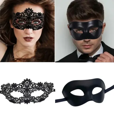 2 szt. Eleganckich czarnych mask karnawałowych z koronką dla par - idealne na weneckie przyjęcia, Mardi Gras i uroczystości Halloween