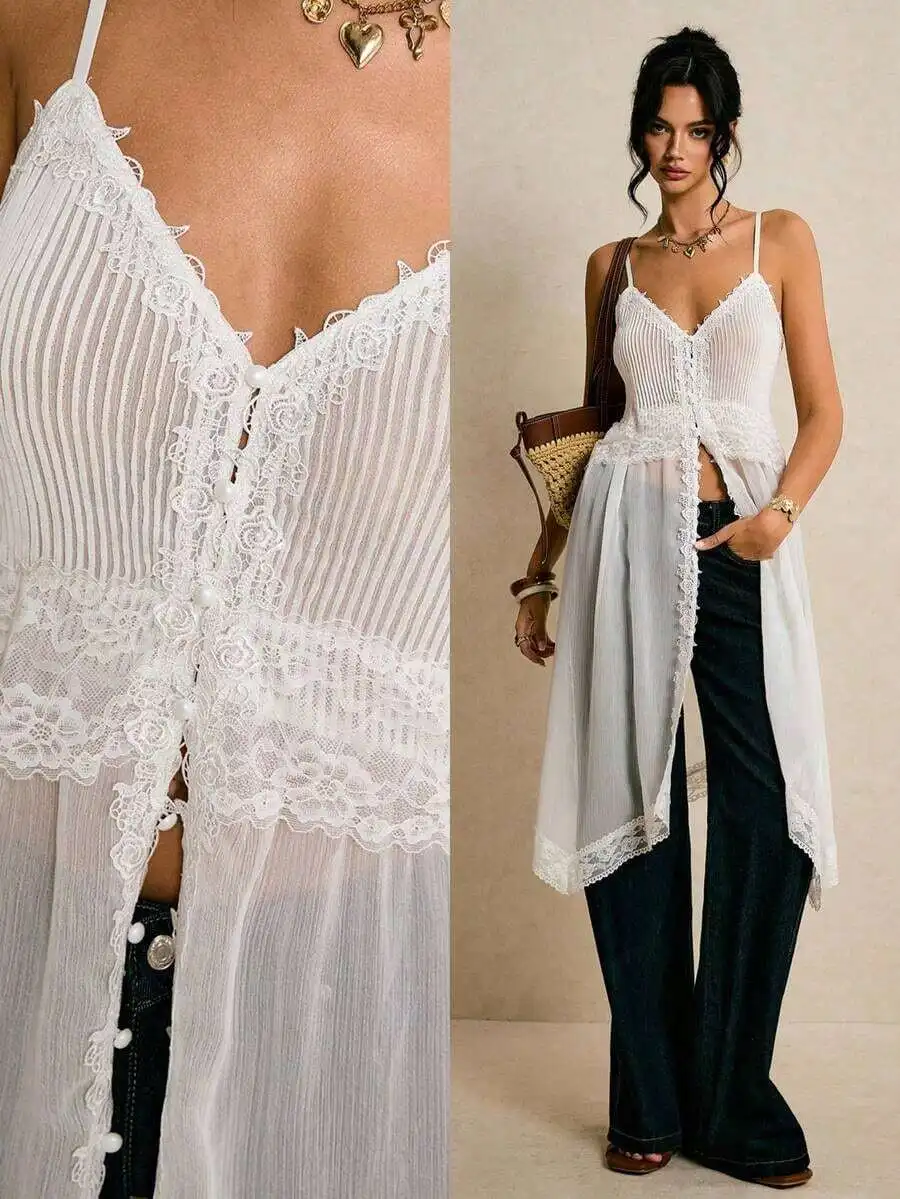 Womens Lace Trim Slit Hem Long Camisole Top Summer Elegant Vacation Beach Wear
Womens Lace Trim Slit Hem Long Camisole Top Summer Elegant Vacation Beach Wear
