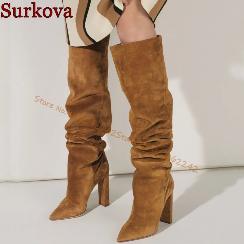 Retro Brown Suede Knee-High Boots Pointed Toe Thick Heel Pleated Long Boots Fashionable And Elegant Winter Women'S Boots 2024
Retro Brown Suede Knee-High Boots Pointed Toe Thick Heel Pleated Long Boots Fashionable And Elegant Winter Women'S Boots 2024