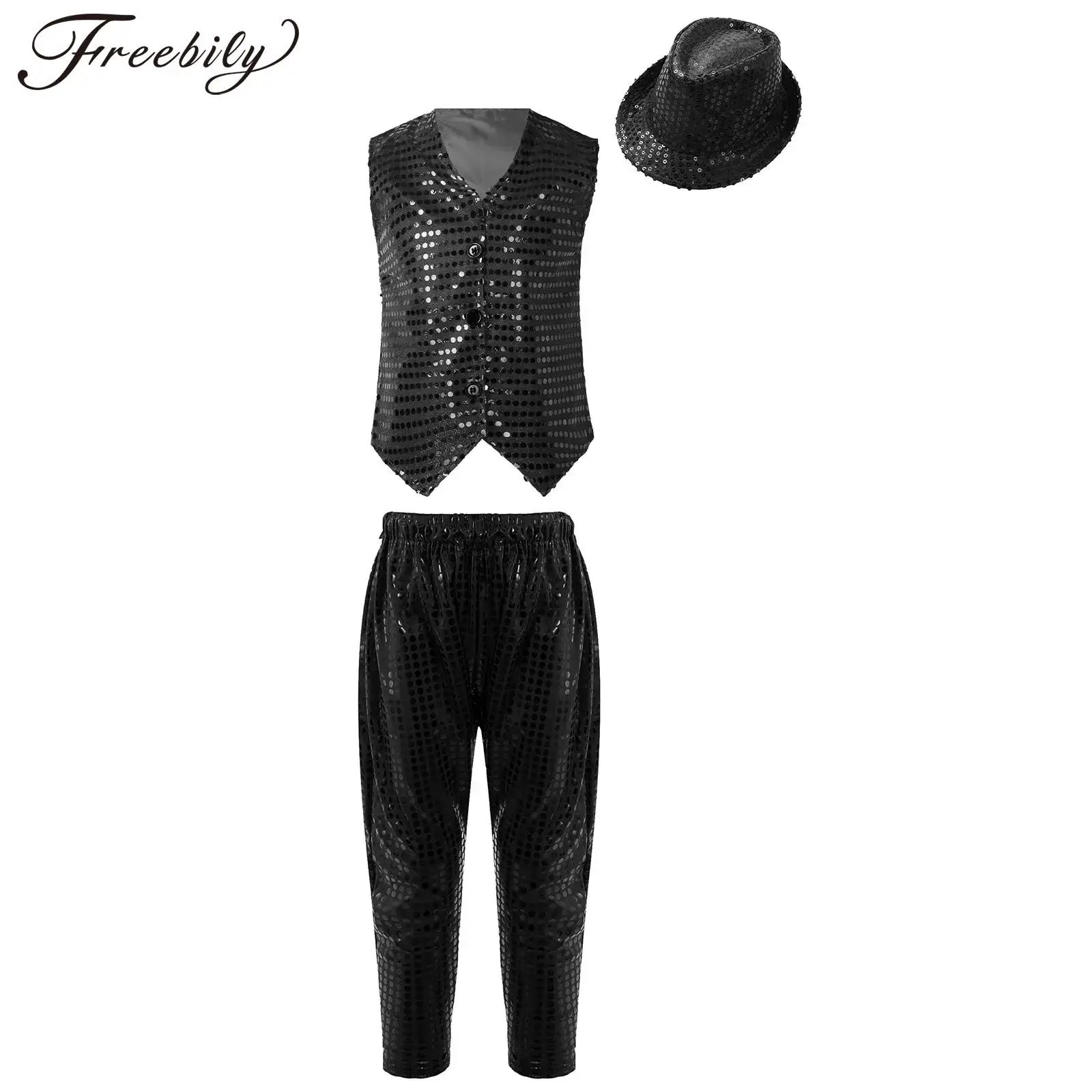 Kids Boys Girls Jazz Cheerleading Dance Stage Performance Costume Sleeveless Sequins Vest with Pants Hat for School Party Show
Kids Boys Girls Jazz Cheerleading Dance Stage Performance Costume Sleeveless Sequins Vest with Pants Hat for School Party Show