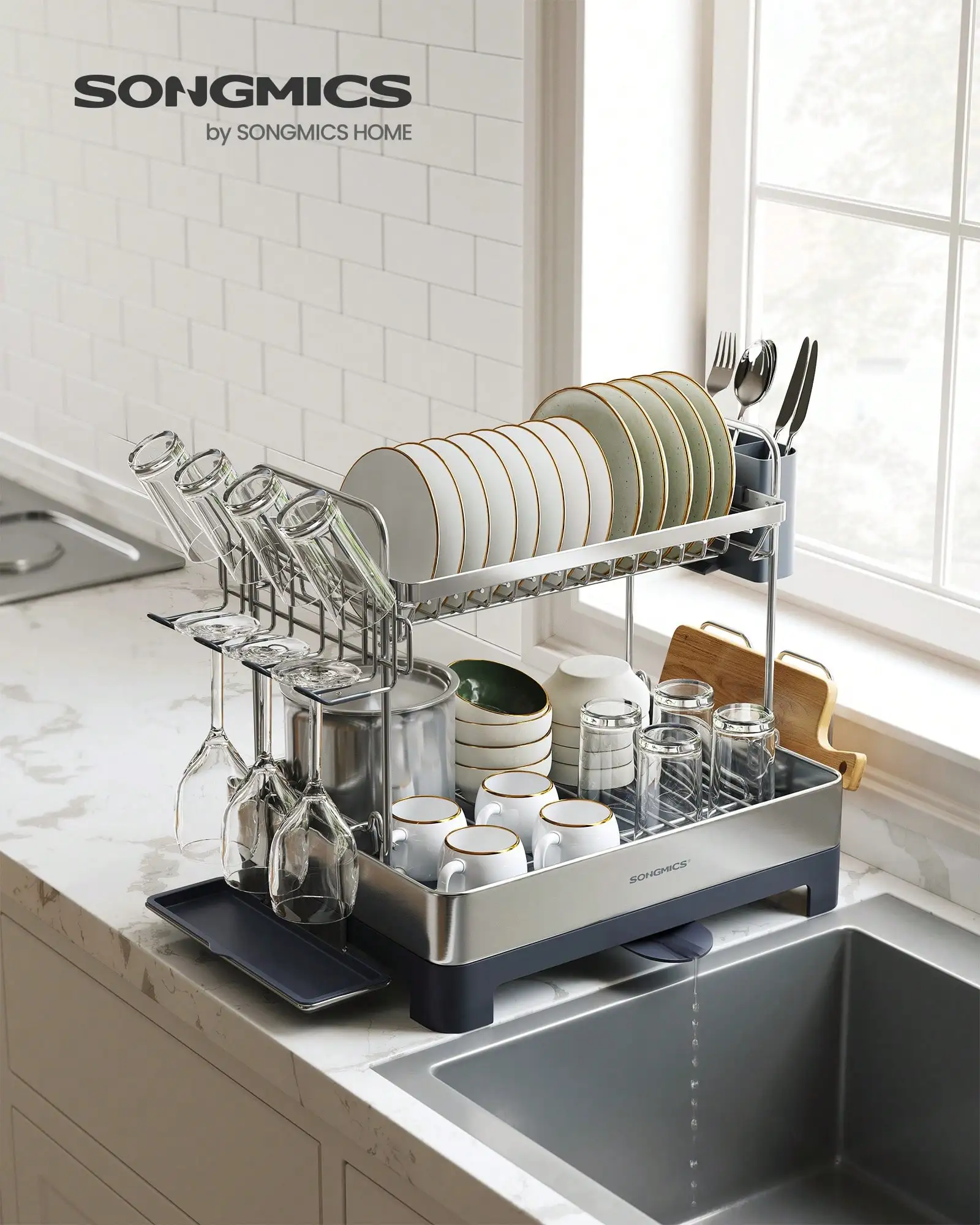 2 Tier Dish Rack For Kitchen Counter With Rotatable And Extendable Drain Spout, Dish Drainer With Utensil, Cup, Glass, Cutting Board Holders, Silve And Gray
2 Tier Dish Rack For Kitchen Counter With Rotatable And Extendable Drain Spout, Dish Drainer With Utensil, Cup, Glass, Cutting Board Holders, Silve And Gray