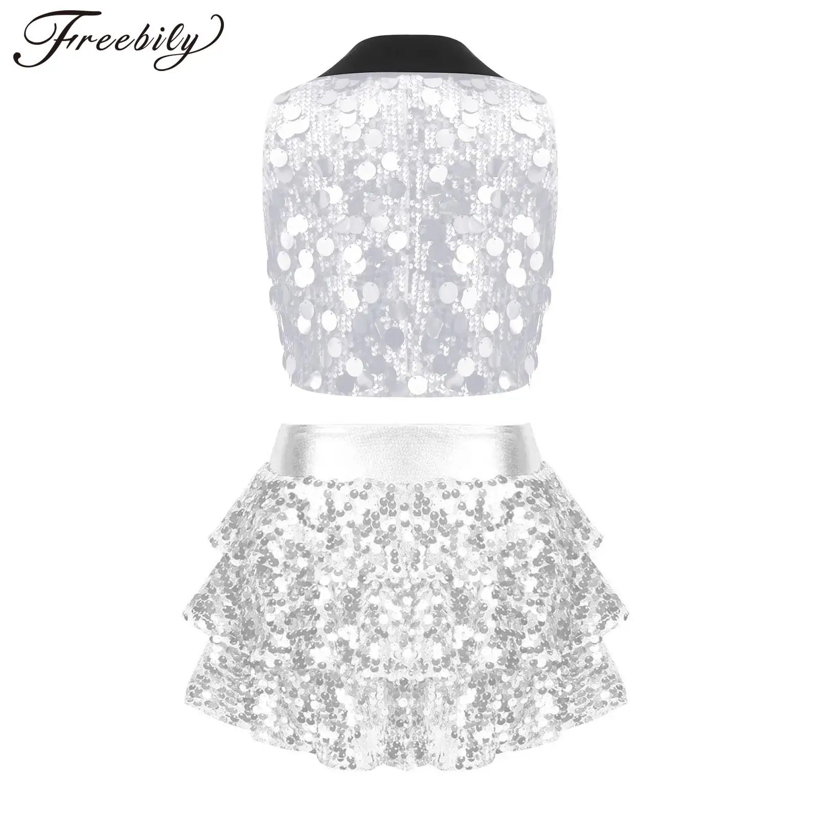 Kids Girls Jazz Disco Prom Dance Outfit Glitter Sequin Color Block Vest Lapel V Neck Crop Top And Tiered Ruffled Skirt Set
Kids Girls Jazz Disco Prom Dance Outfit Glitter Sequin Color Block Vest Lapel V Neck Crop Top And Tiered Ruffled Skirt Set