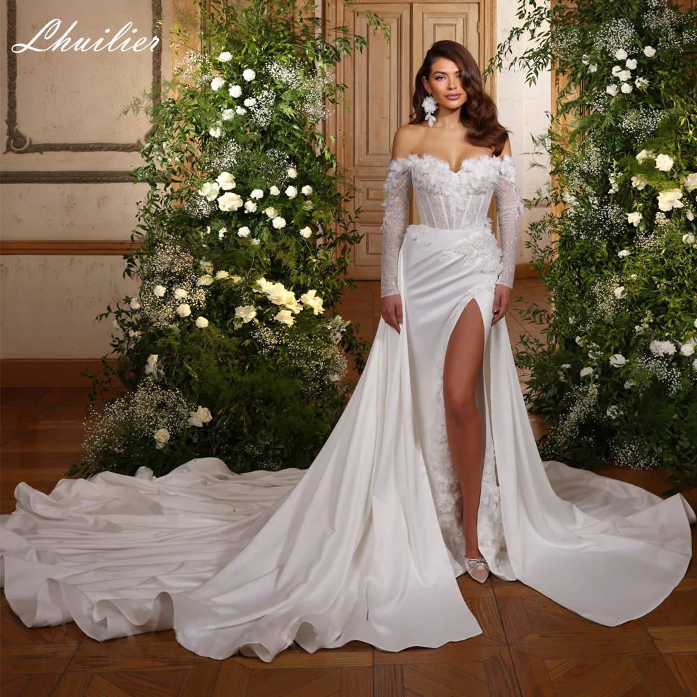 Lhuilier Customized Women's Mermaid Satin Wedding Dresses Off the Shoulder Beaded High Split Bridal Gown with Detachable Train
Lhuilier Customized Women's Mermaid Satin Wedding Dresses Off the Shoulder Beaded High Split Bridal Gown with Detachable Train