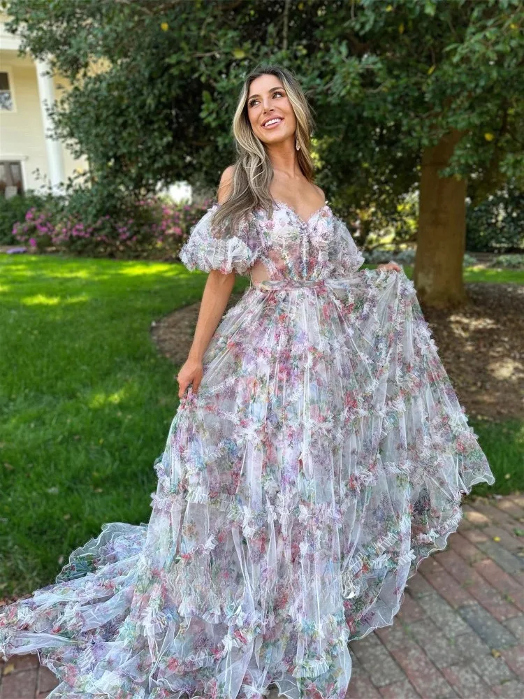 Princess Off Shoulder Prom Dresses Floral Shoert Sleeves Ruffles Floor Length Formal Evening Gown Graduation Dress
Princess Off Shoulder Prom Dresses Floral Shoert Sleeves Ruffles Floor Length Formal Evening Gown Graduation Dress