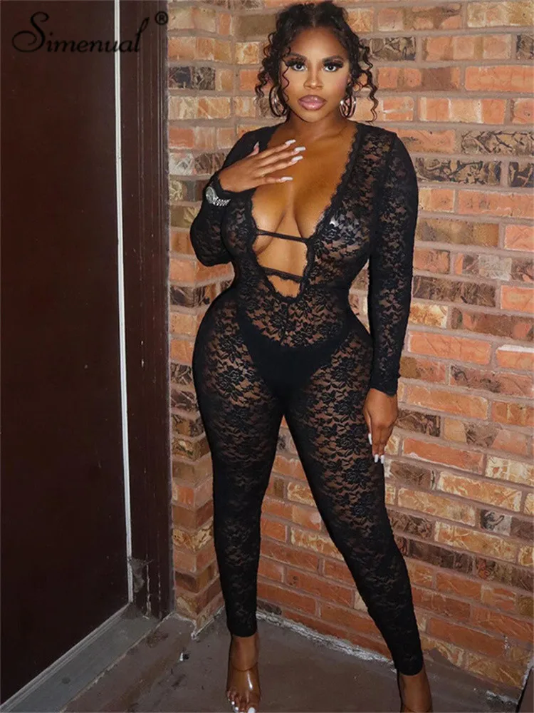Simenual Black Lace Perspective Long Sleeve Skinny Jumpsuits Women Hotsweet Clubwear Sexy Pencil Jumpsuit Basic Zipper Overalls
Simenual Black Lace Perspective Long Sleeve Skinny Jumpsuits Women Hotsweet Clubwear Sexy Pencil Jumpsuit Basic Zipper Overalls