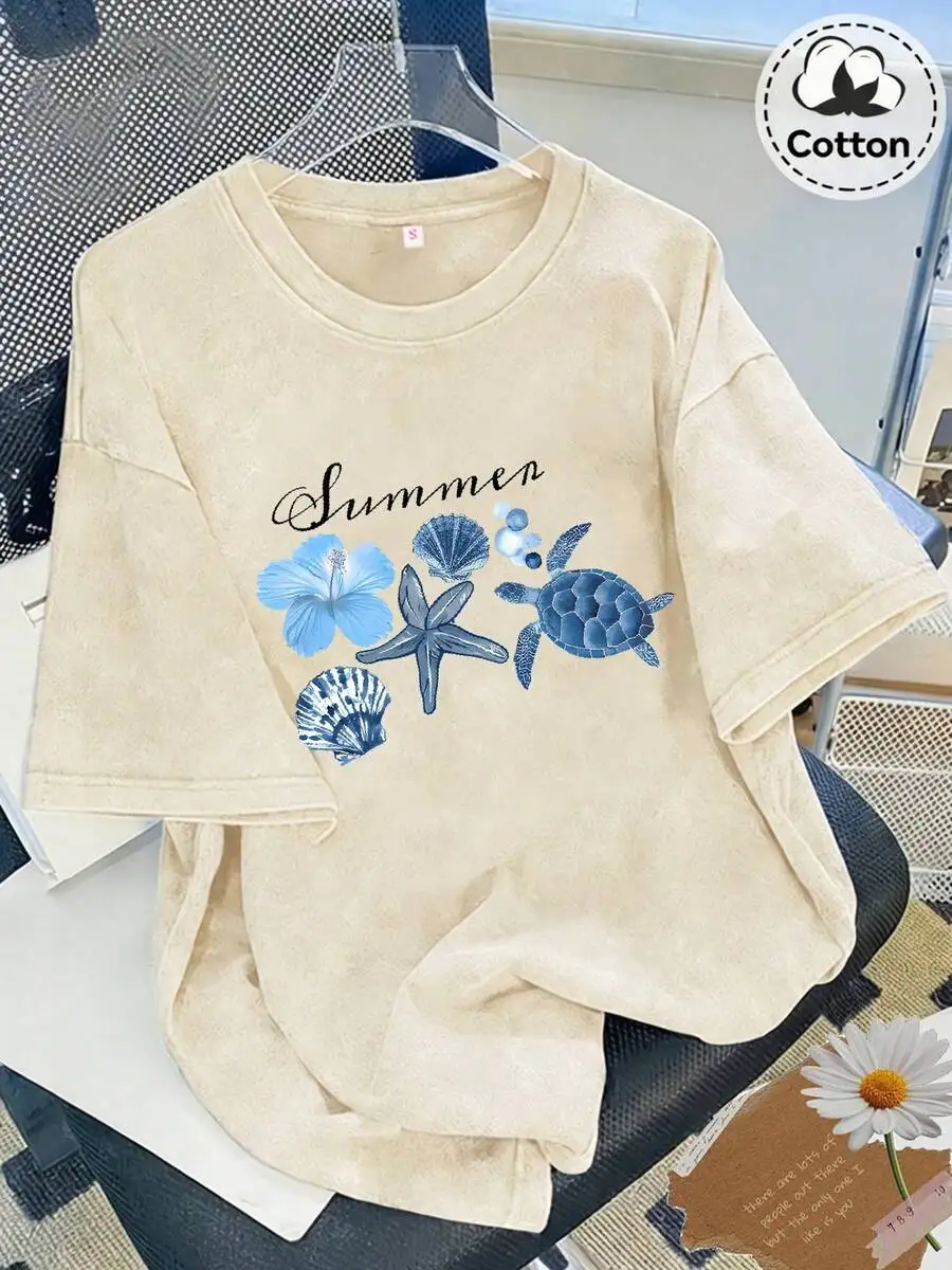Washed Vintage Cotton T-Shirt Summer Ocean Design Starfish Turtle Seashell Relaxed Fit Women
Washed Vintage Cotton T-Shirt Summer Ocean Design Starfish Turtle Seashell Relaxed Fit Women